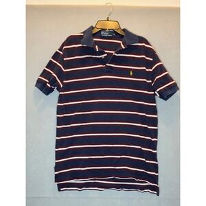 Polo Ralph Lauren Mens Medium Striped Polo Shirt Navy Blue Burgundy Cotton Pony